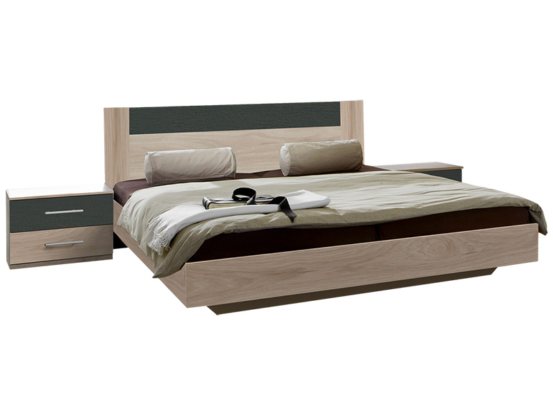Set lit et 2 chevets ANGELA 160x200cm décor chêne gris