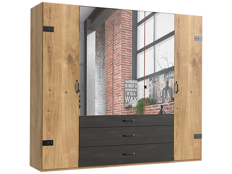 Armoire DETROIT 5 portes battantes 3 tiroirs chêne